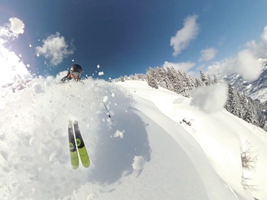 an action shot of a skier