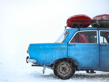 bright blue car in winter