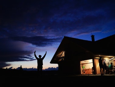 family and friends at the cottage during the evening